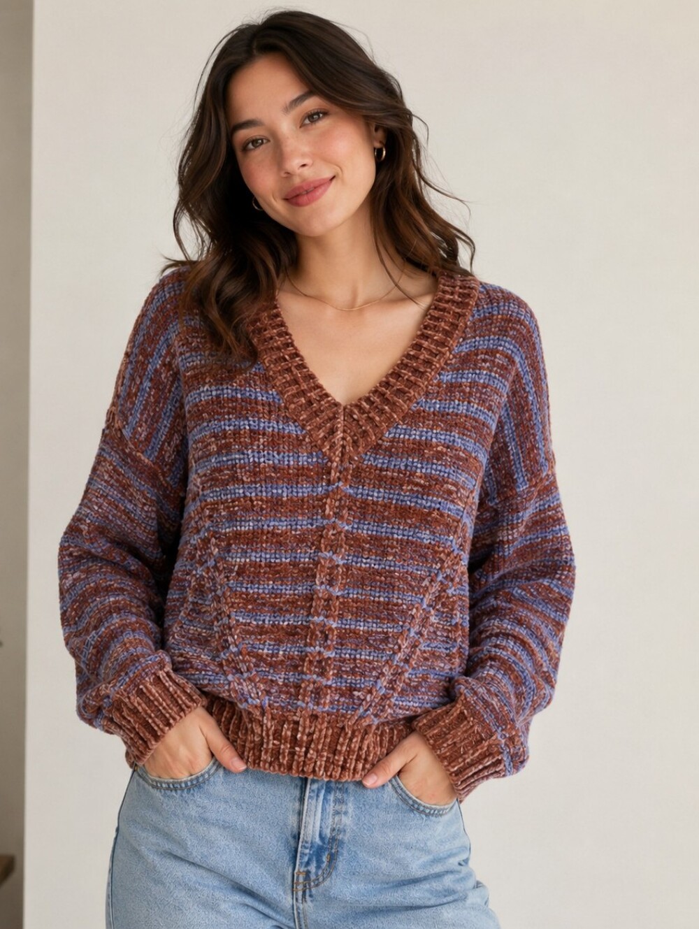 Entro Chenille Stripe V-neck Long Sleeve Sweater Brown Blue Boho Minimalism